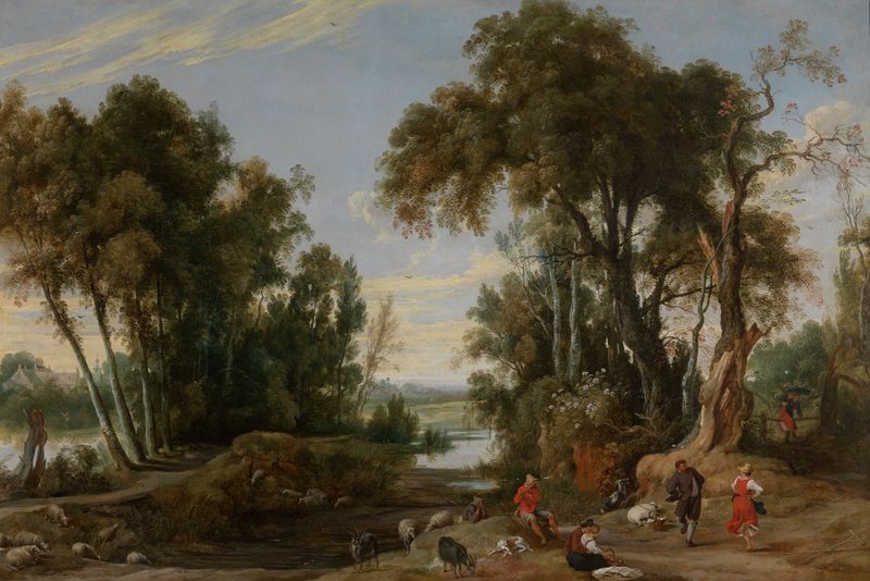 Landscape with Dancing Shepherds by Jan Wildens, oil painting depicting shepherds dancing in a natural setting