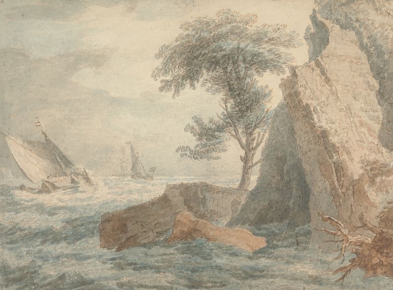 Marine scene with ships near a rocky shore by Francois Vivares