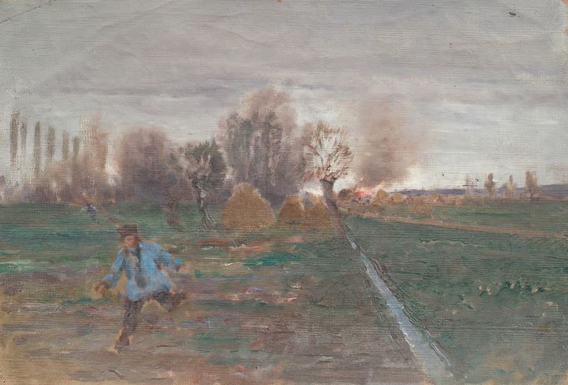 Landschaft mit brennendem Gehöft by Anton Nowak, oil on canvas, depicts a cottage engulfed in flames amidst a somber landscape.