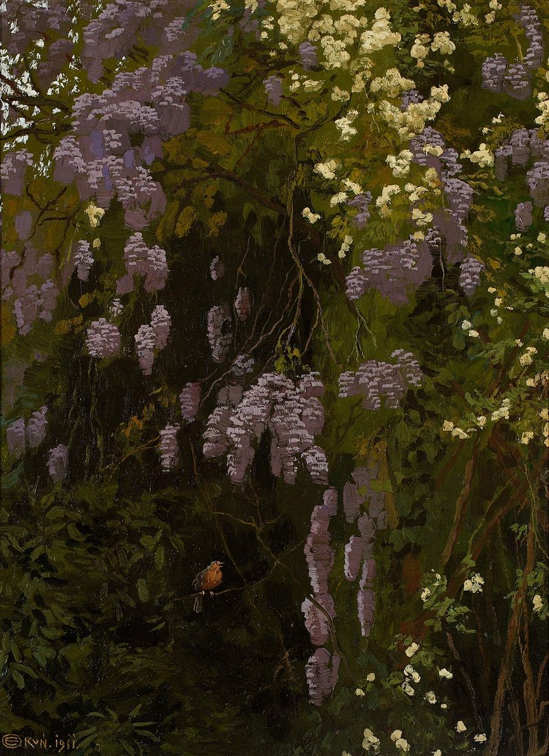 Wisterias in Bloom by Edward Okuń, oil painting depicting wisteria flowers illuminated by soft light.