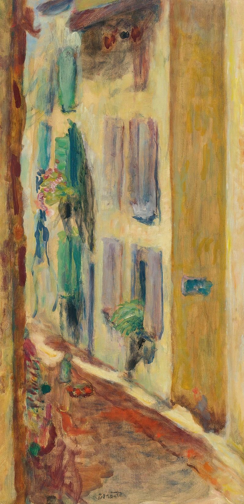 La Rue Aux Volets Verts by Pierre Bonnard, oil painting of a street with green shutters and sunlight.