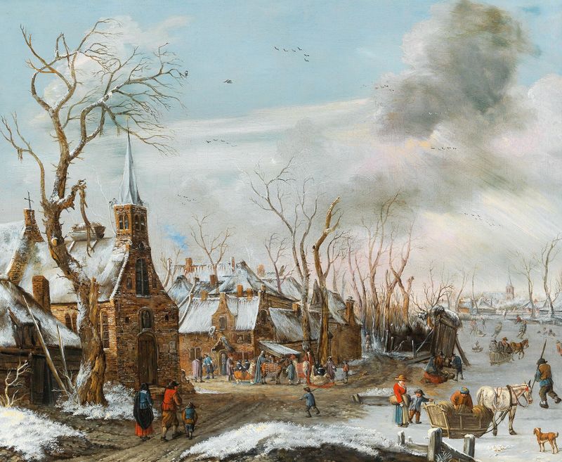 Un paisaje invernal con escena de mercado de Salomon Rombouts, óleo sobre lienzo.