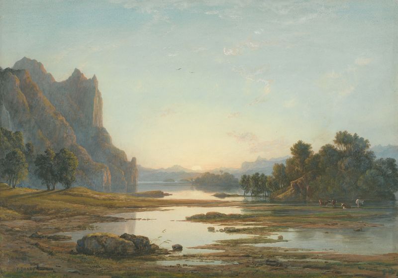 Sunset over a river landscape, oil on canvas by Francis Danby
