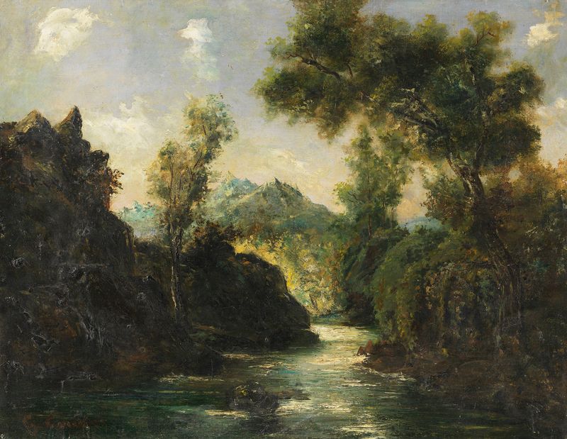 Paisagem dos Alpes Suíços por Gustave Courbet, pintura a óleo que retrata montanhas e neblina.
