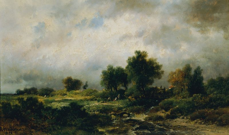 Paisagem com campos vibrantes e colinas de Remigius Adrianus van Haanen, pintura a óleo