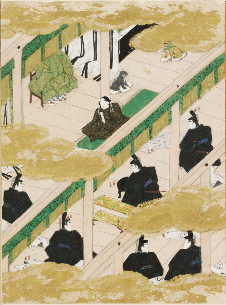 The Paulownia Pavilion, gold illustration by Tosa Mitsunobu, featuring intricate architecture and soft pastels.
