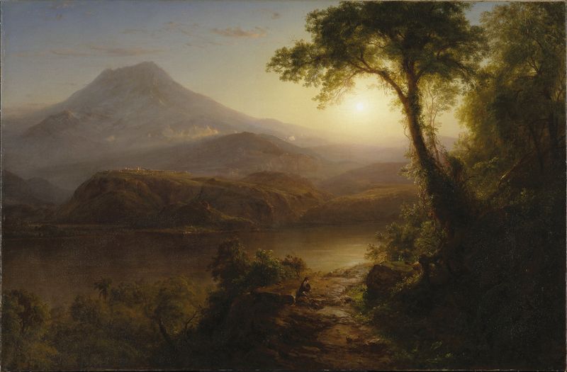 Escenario tropical con luz solar filtrándose a través del dosel, óleo sobre lienzo de Frederic Edwin Church.