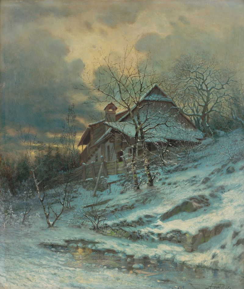 Winter Motif by Vojtech Angyal, oil painting depicting a snow-covered landscape with a pond.