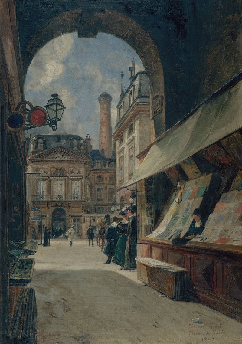 Figurative scene depicting urban life, oil painting by Paul Schaan