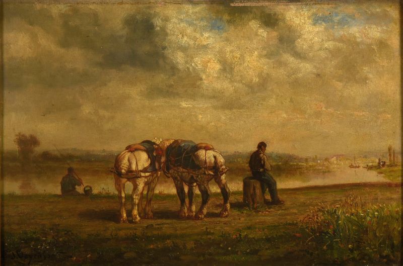 Chevaux de halage by Jules-Jacques Veyrassat, oil on canvas depicting horses in a serene landscape.