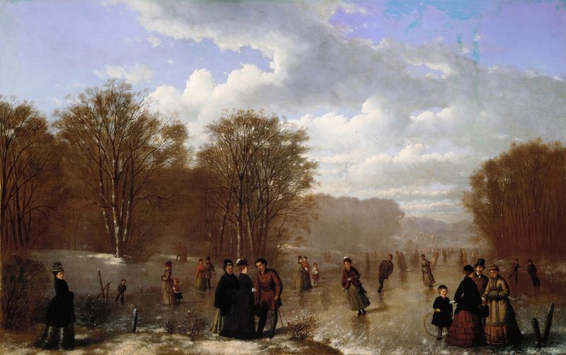 Skating on the Wissahickon de Johann Monglels Culverhouse, óleo sobre lienzo que muestra patinadores sobre hielo.