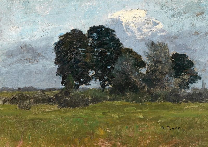 Paisagem impressionista de Alfred Zoff com árvores e luz filtrada.