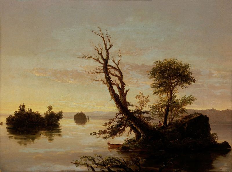 American Lake Scene de Thomas Cole, óleo sobre lienzo que representa un lago sereno y árboles