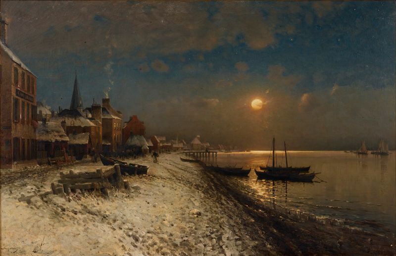 Winter landscape with moonlight by Carl Frithjof Smith, oil painting