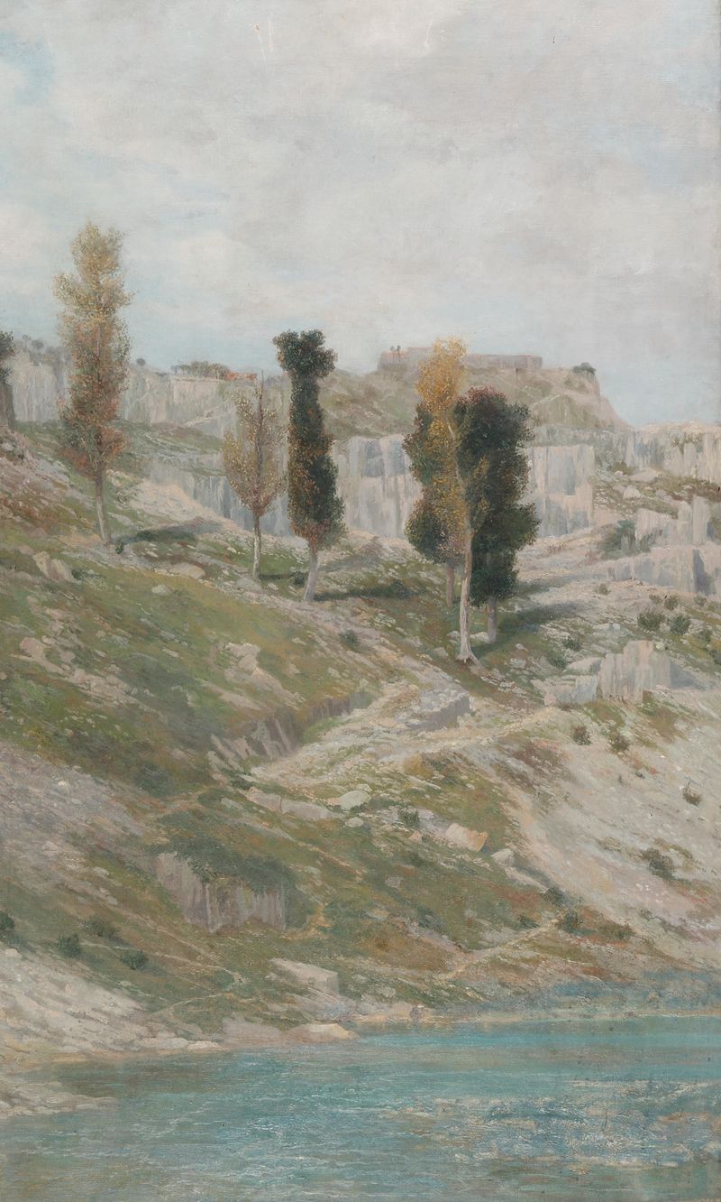 Felsenlandschaft bei St. Canzian de Karl Mediz, óleo sobre lienzo que representa un paisaje accidentado.