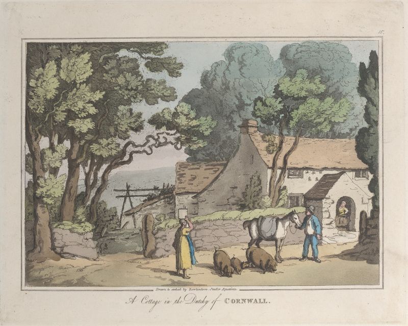 A Cottage in the Dutchy of Cornwall by Thomas Rowlandson, oil painting depicting a rural landscape.