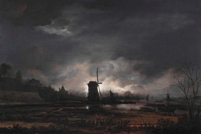 Paisaje iluminado por la luna con un molino de viento, pintura al óleo de Aert van der Neer