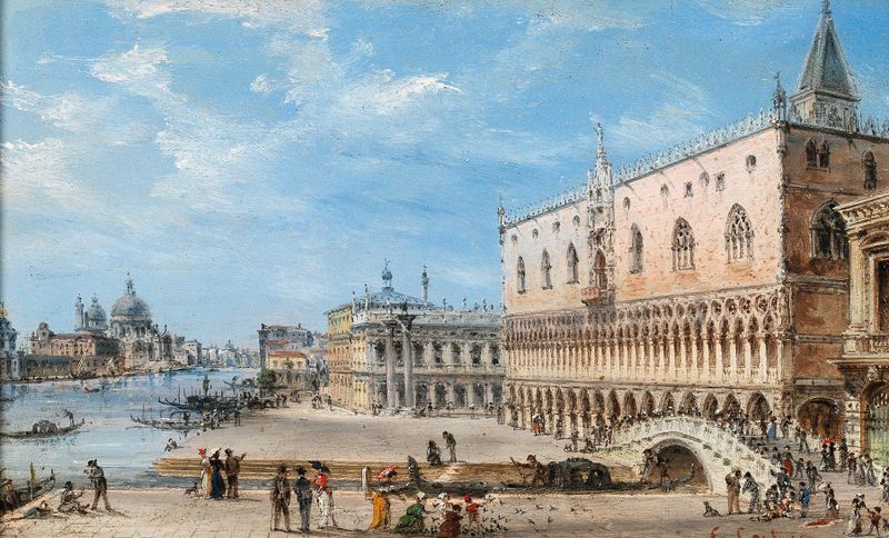 Riva degli Schiavoni by Giovanni Grubacs, oil on canvas, depicting a serene landscape with water and pastel sky.