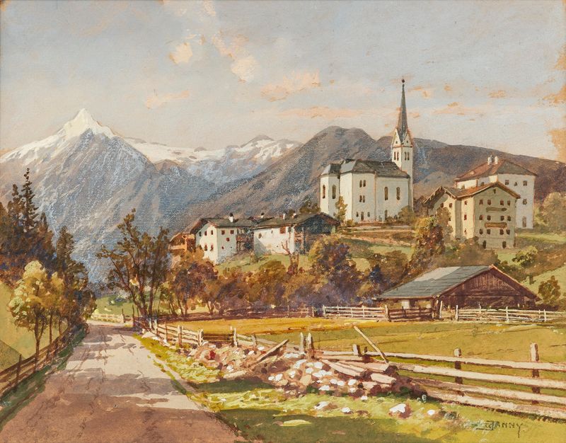 Landscape of mountains and meadows in oil painting by Georg Janny