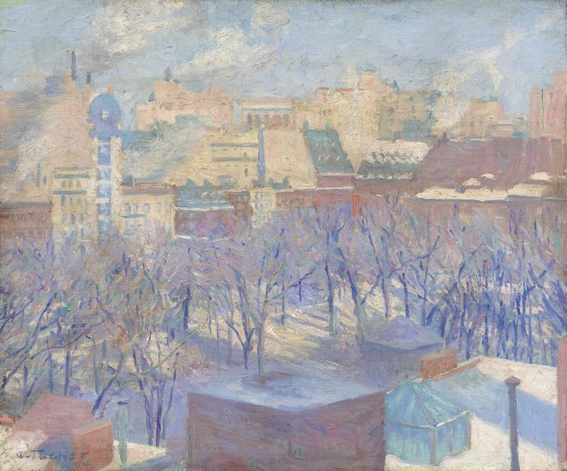 Winter landscape with snow covering the ground, oil painting by Allen Tucker