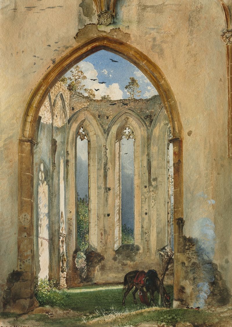 Ruina de una iglesia, óleo de Rudolf von Alt, con piedra en ruinas y enredaderas.