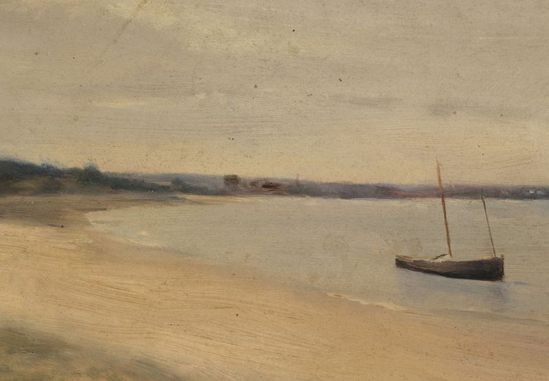 Marine scene with boats and masts by Jeanne Jegou-Cadart, oil on canvas