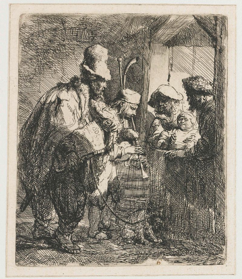Gravura de Rembrandt van Rijn mostrando músicos e crianças em uma cena de rua.