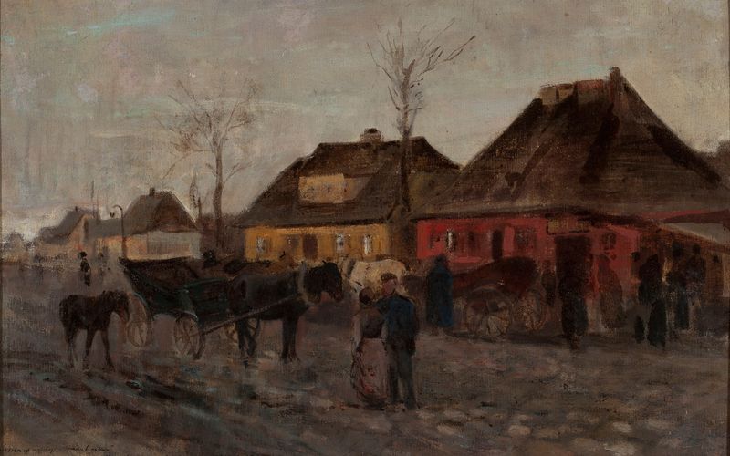 Watercolour by Maksymilian Gierymski showing spring flowers in a small town landscape.