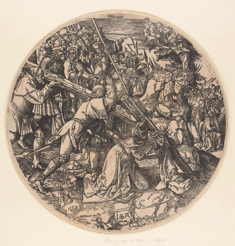 Kruisdraging de Jacob Cornelisz van Oostsanen, papel, representa una solemne procesión de crucifixión.