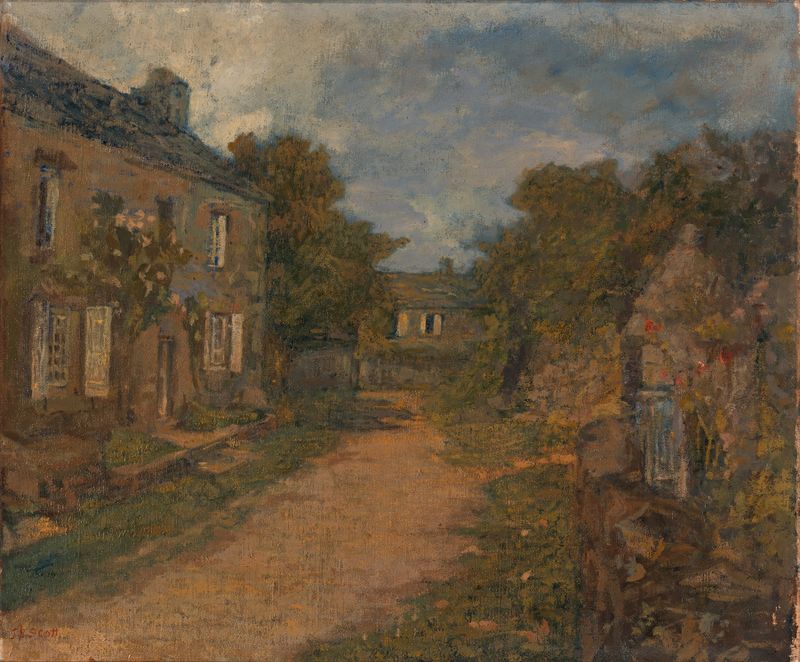 Pintura al óleo de paisaje de Frank Edwin Scott con una granja y campos serenos.