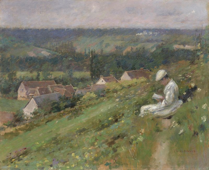 The Valley of Arconville by Theodore Robinson, impressionism, depicting a vibrant landscape with a river.