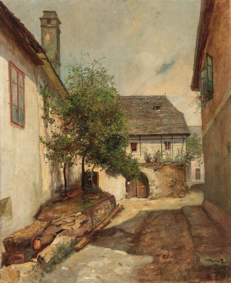 Alte Gasse Wachau by Paul Unbereit, oil on canvas depicting narrow cobblestone streets and shadows.