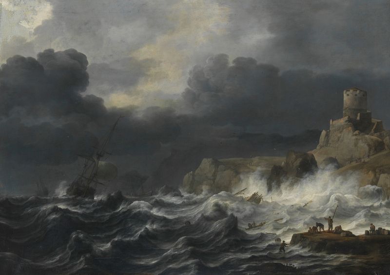 Seascape by Jan Theunisz. Blanckerhoff, oil on canvas depicting boats at sunset.