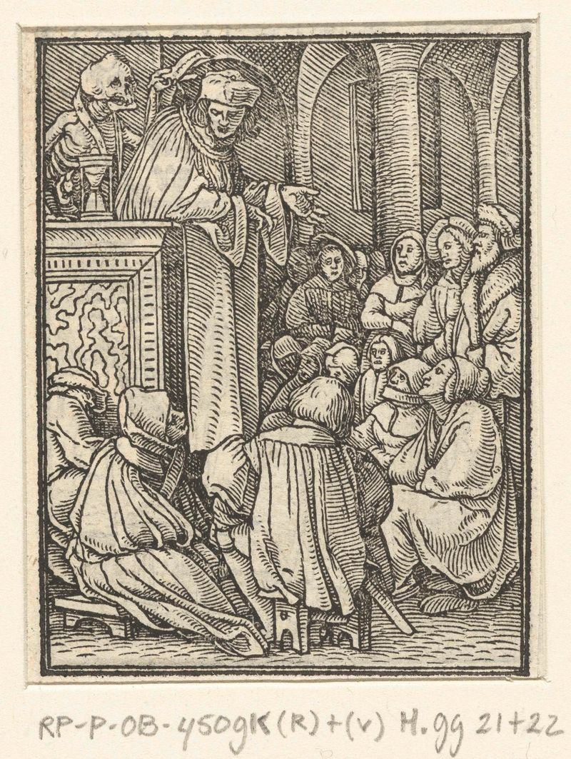 Desenho religioso em papel de Hans Holbein retratando um pregador e a morte