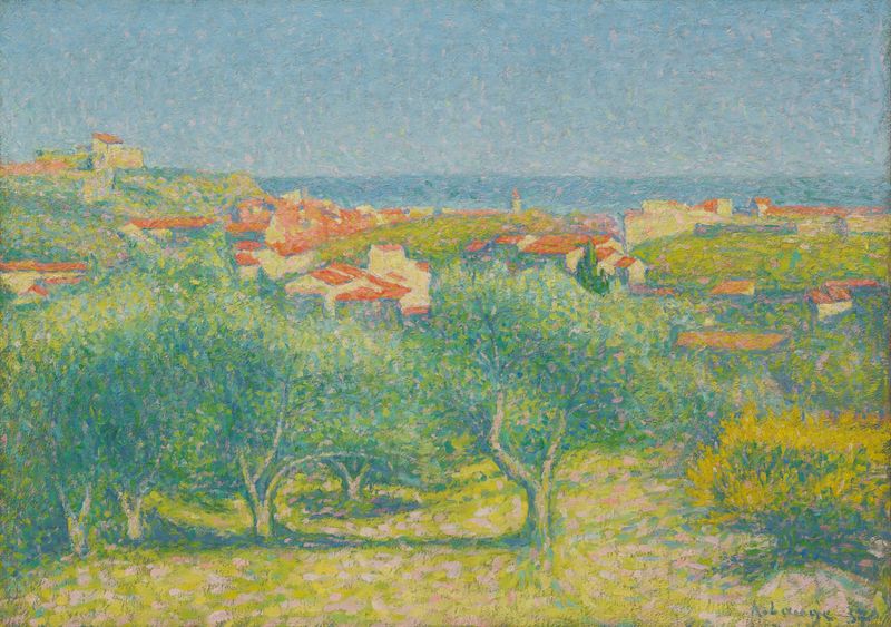 Vue de Collioure by Achille Laugé, oil painting depicting a vibrant landscape with sky and buildings.