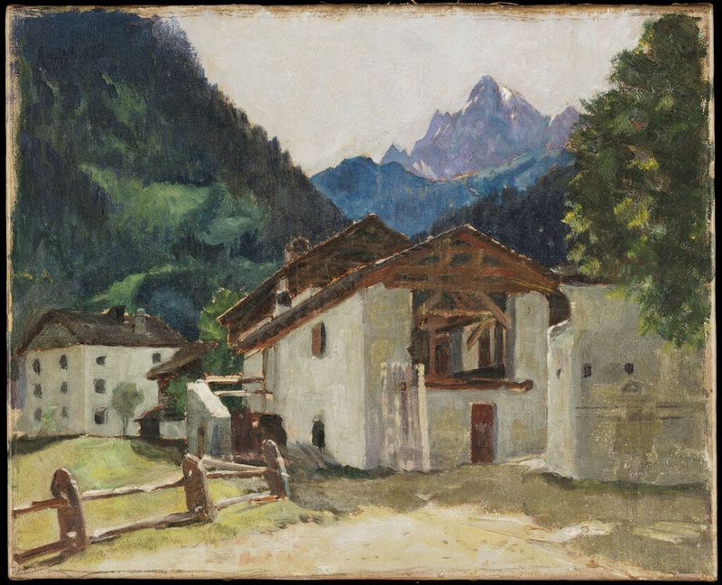Farm Landscape with Mountains, óleo sobre lienzo de Denman Waldo Ross, con campos expansivos y montañas distantes.