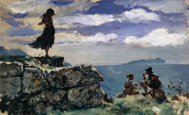 Figurative oil painting by Frank Buchser of a girl sitting on ashlar stones.