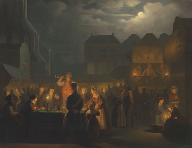 Genre scene of a fair with vibrant colors, by Petrus van Schendel, oil painting