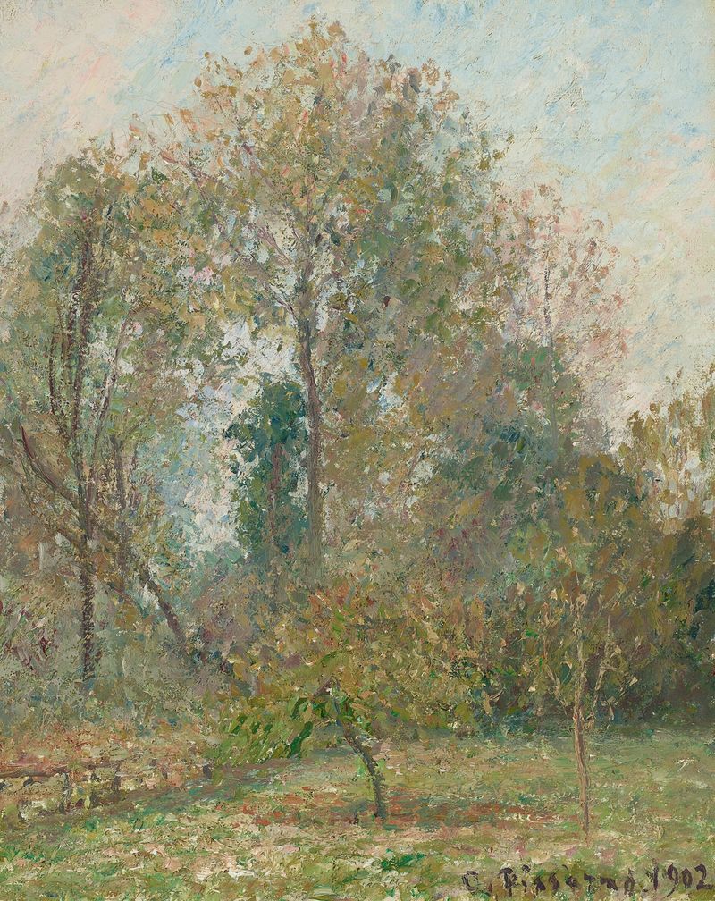 Gelée blanche à Eragny de Camille Pissarro, pintura a óleo que retrata uma paisagem de inverno com geada.