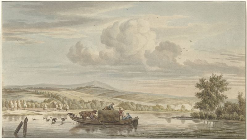 Riviergezicht met hooischuit by Christiaan Josi, oil painting depicting a river and boat.