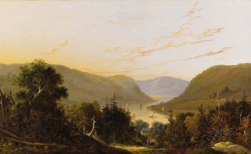 Hudson River landscape with river traffic, oil painting by William Louis Sonntag