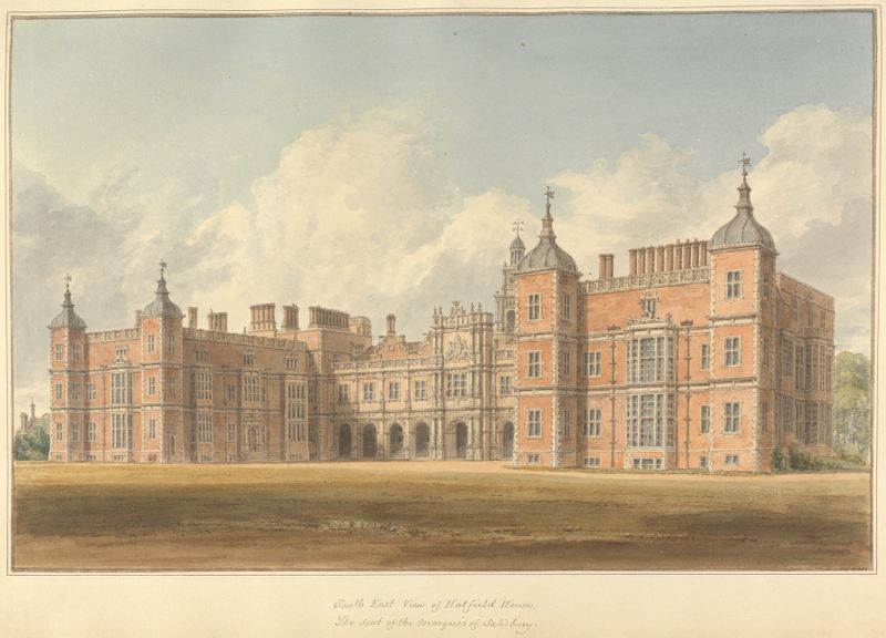 Aquarela de John Buckler mostrando Hatfield House cercado por vegetação