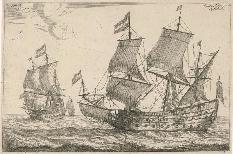 Etching by Reinier Nooms depicting warships on a reflective ocean surface