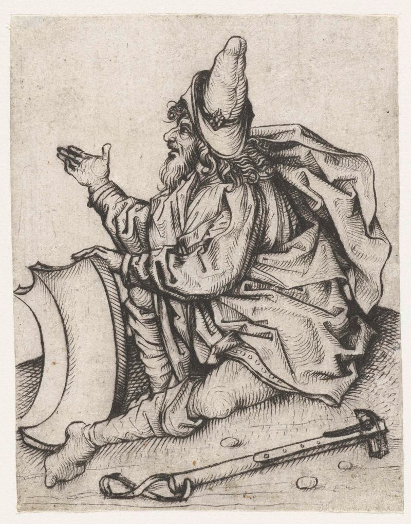 Retrato de um homem com barba e um escudo em branco, ponta seca de Meester van het Amsterdamse Kabinet