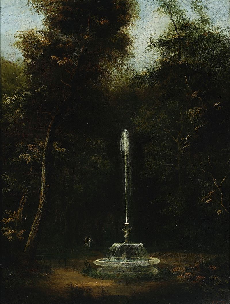 View of Łazienki Park with a fountain, oil on canvas by Kazimierz Wojniakowski