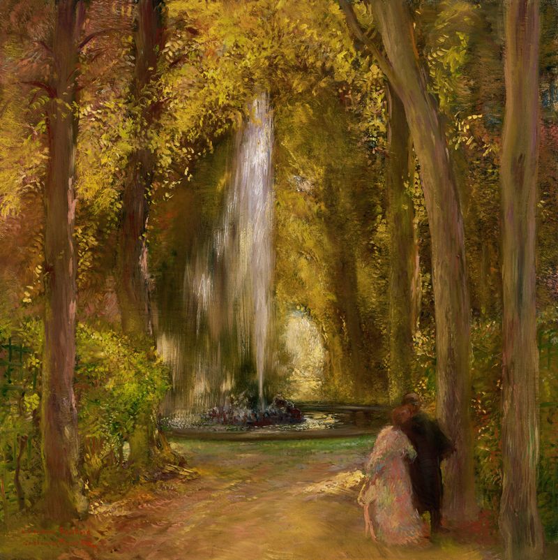 The Fountain by Gaston La Touche, impressionism, depicting a fountain with cascading water.