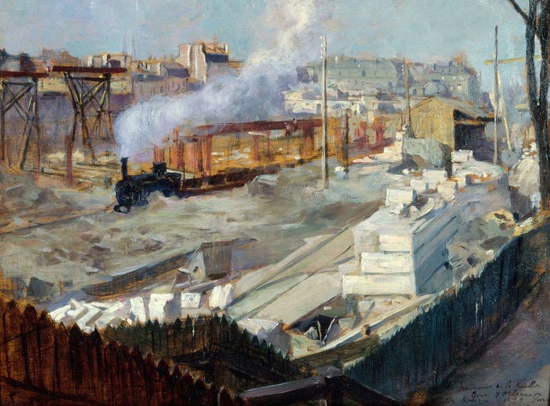 Les travaux de la nouvelle gare d’Orléans by Victor Marec, oil on canvas depicting urban construction