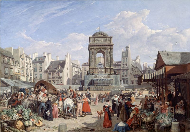 Pintura a óleo de John James Chalon retratando uma cena de mercado movimentada com figuras.