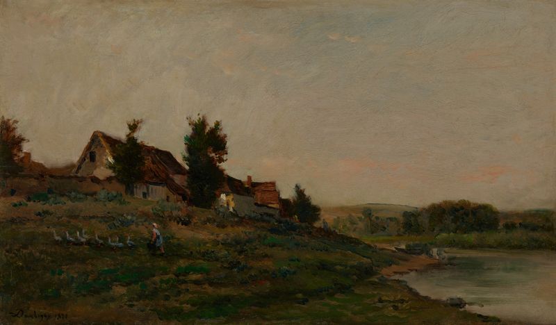 Le Chaumière de Charles François Daubigny, óleo sobre tela que retrata uma cabana em uma paisagem exuberante.