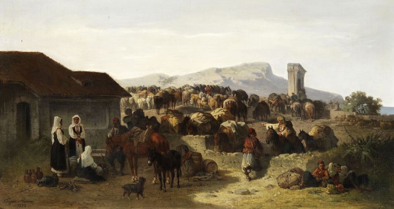 Maultierkarawane de Eugen Adam, óleo de una caravana de mulas en terreno accidentado.